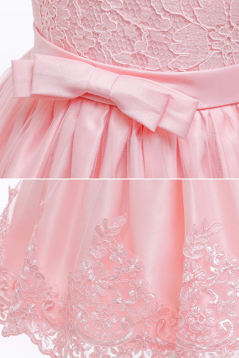 LZH Baby Girls Lace Bowknot Flower Dress Wedding Pageant Baptism Christening Tutu Gown, Meat Pink 6-12 Months - Image 4